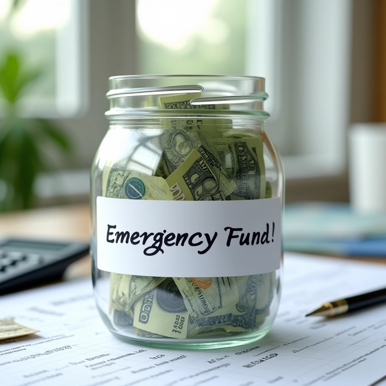 Pote de vidro com 'Reserva de Emergência' e notas de real.