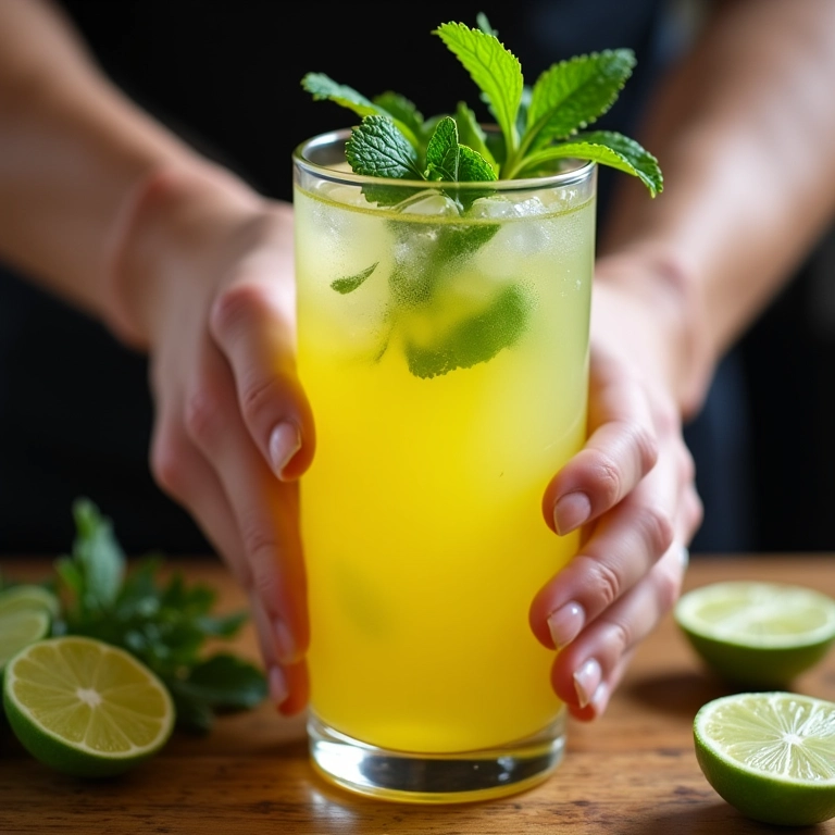 Preparando bebida refrescante com capim cidreira, limão e hortelã.