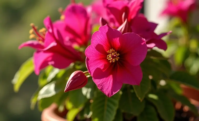Primavera florida em vaso de barro, varanda ensolarada.