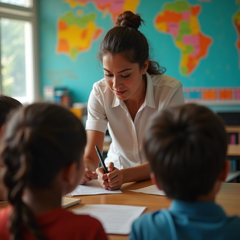 Professora auxiliando alunos em sala de aula.
