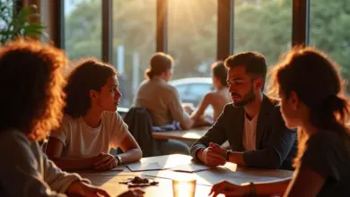 Profissionais diversos discutindo documentos legais em café brasileiro.