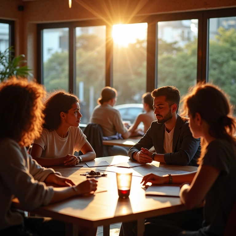 Qual A Diferença Entre Perito E Assistente Técnico? Profissionais diversos discutindo documentos legais em café brasileiro.