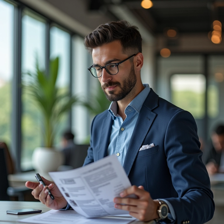 Profissional brasileiro determinando despesas operacionais em escritório moderno.