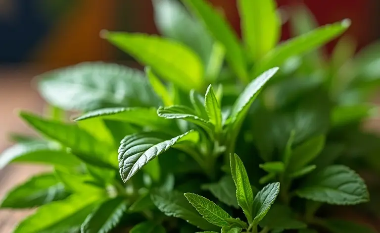 Ramos frescos de erva cidreira e capim cidreira em mesa rústica.