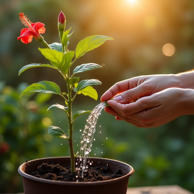 Regando galho de hibisco recém-plantado.