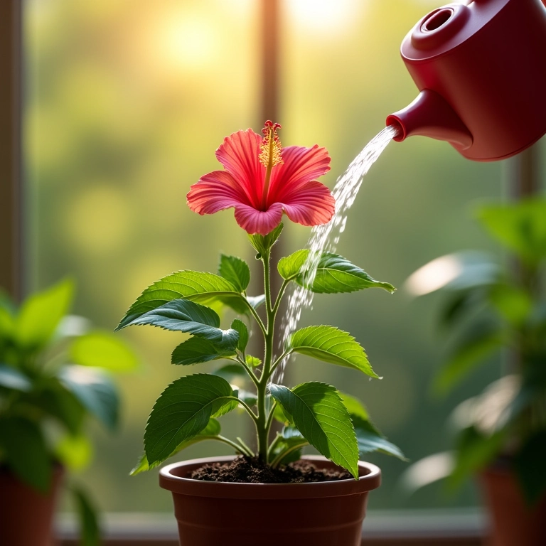 Regando muda de hibisco plantada em vaso.