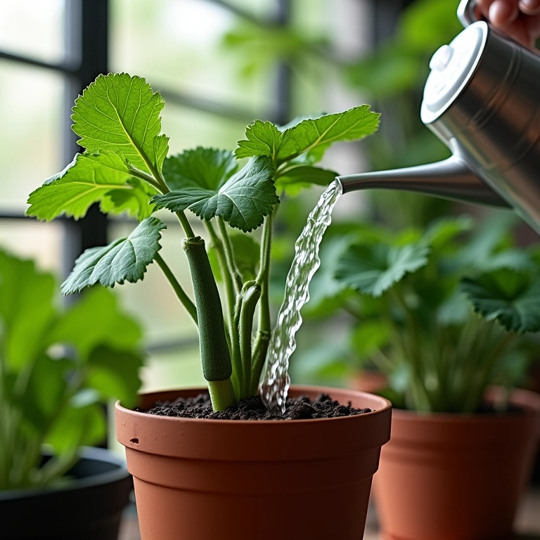 Regando uma planta de abobrinha em vaso com um regador.