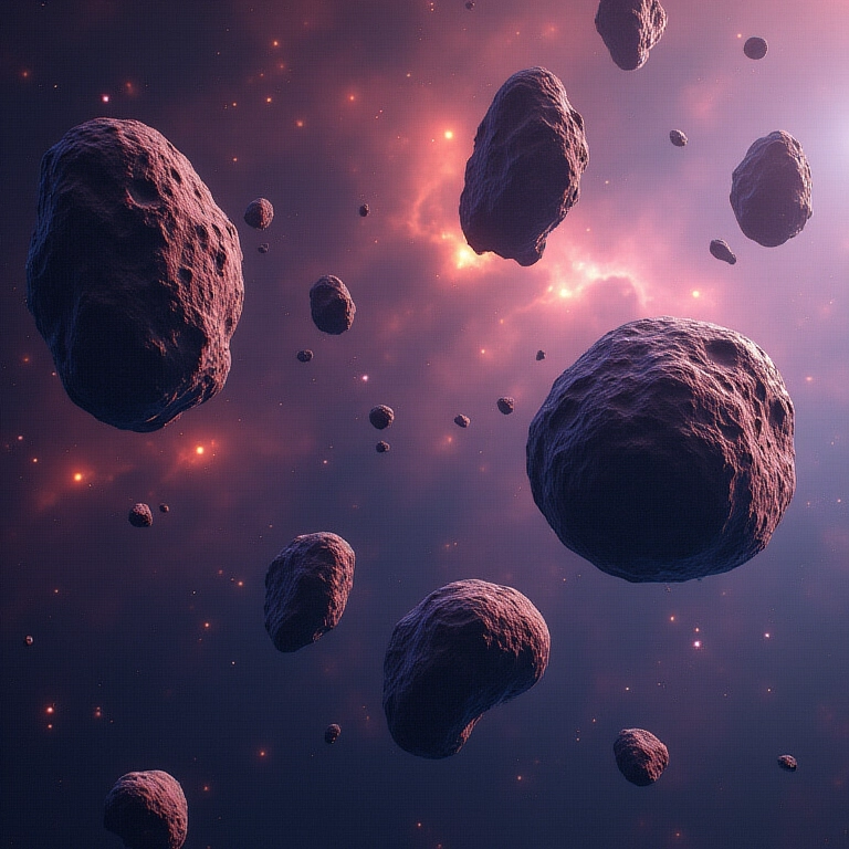 Representação artística de asteroides com formas e características únicas.