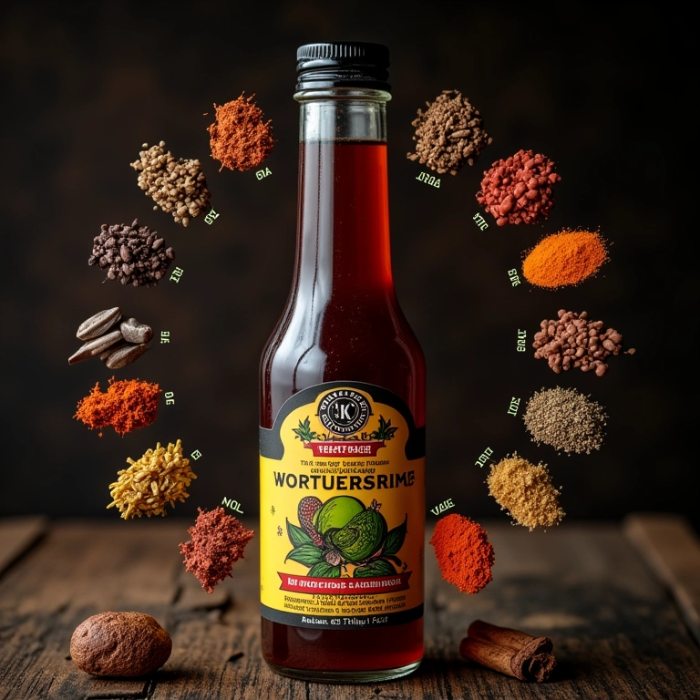 Representação gráfica da complexa mistura de sabores do molho inglês.