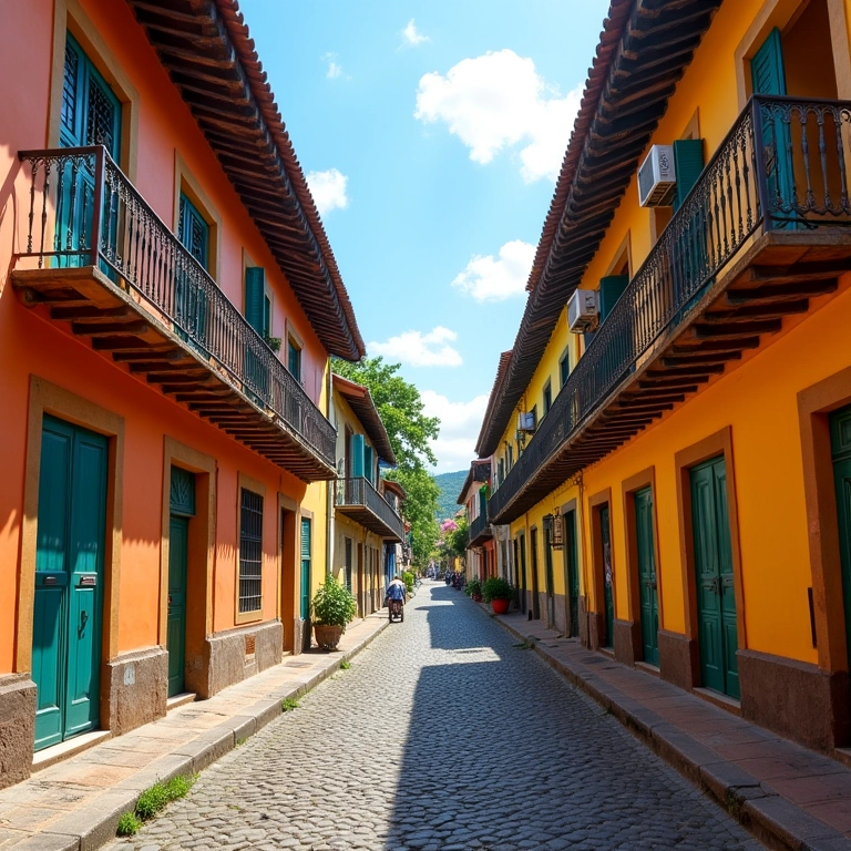 Rua de paralelepípedos no Pelourinho, Salvador, com prédios coloridos e manifestações da cultura afro-brasileira.