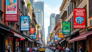 Rua movimentada em São Paulo com cartazes de eventos de design e decoração.