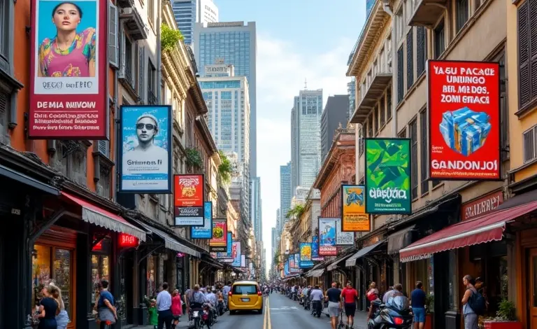 Rua movimentada em São Paulo com cartazes de eventos de design e decoração.