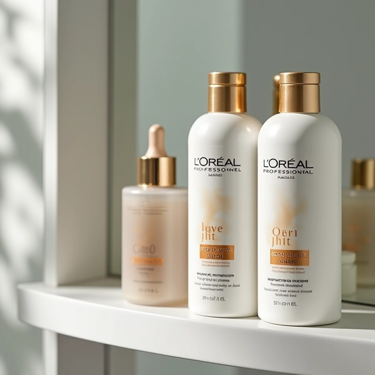 Shampoo e condicionador reconstrutores da L'Oréal Professionnel em prateleira de banheiro moderno.