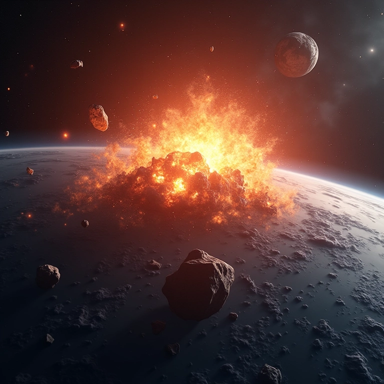 Simulação do impacto de um asteroide na Terra, mostrando a destruição causada.