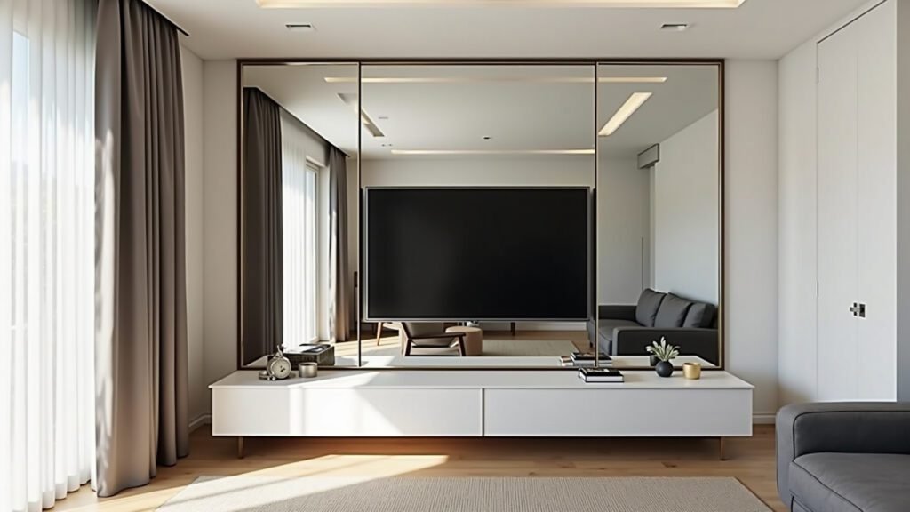 Painel espelhado para TV em sala pequena.