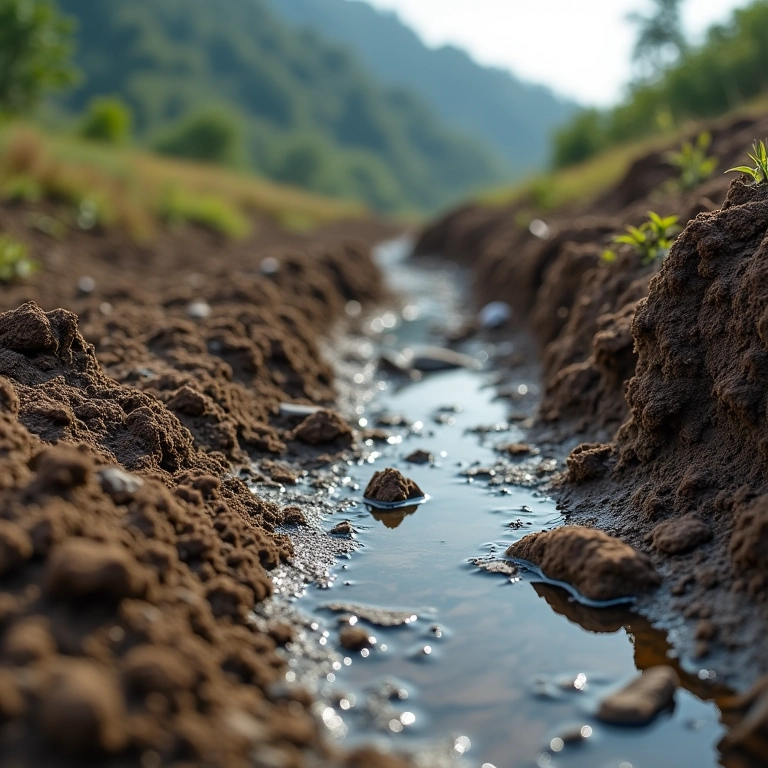 Solo contaminado e água poluída perto de um lixão.