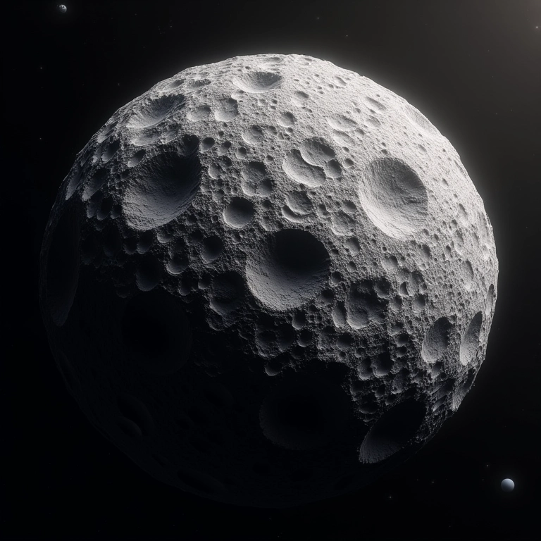 Superfície detalhada de um asteroide rochoso.