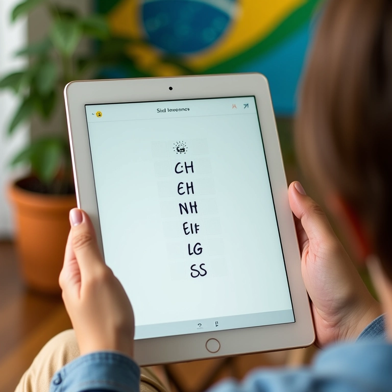 Tablet mostrando palavras com dígrafos consonantais comuns destacados, com fundo de arte brasileira.