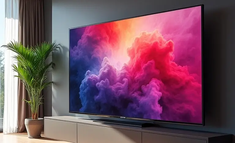 TV QLED exibindo cores vibrantes em sala de estar moderna.