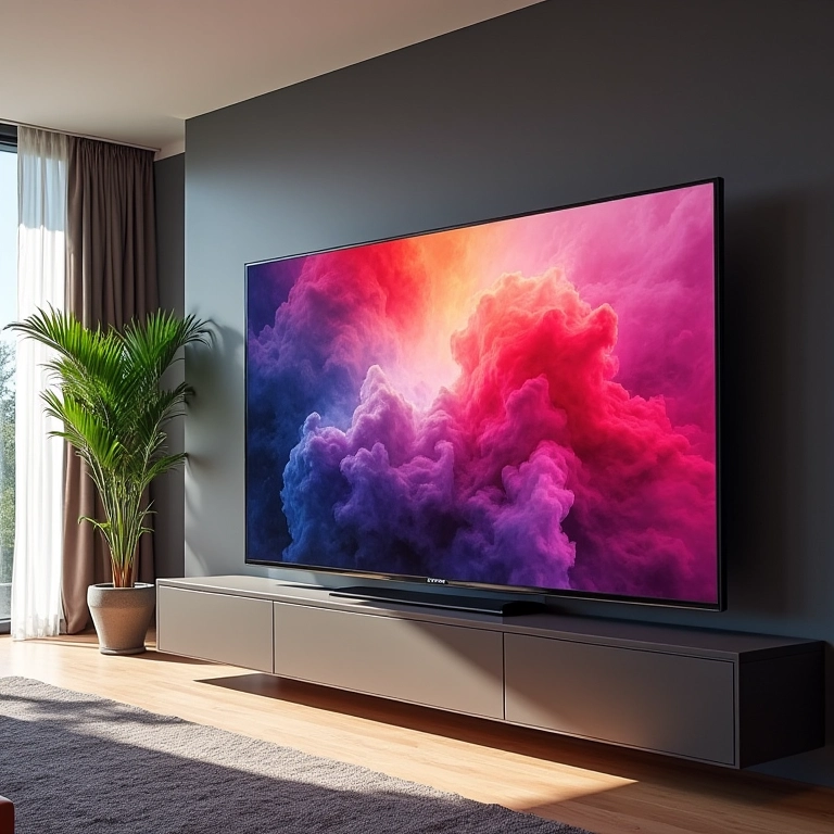 Tv Qled Qual A Diferença? TV QLED exibindo cores vibrantes em sala de estar moderna.
