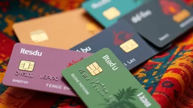 Variedade de cartões de crédito Itaú sobre tecido colorido.