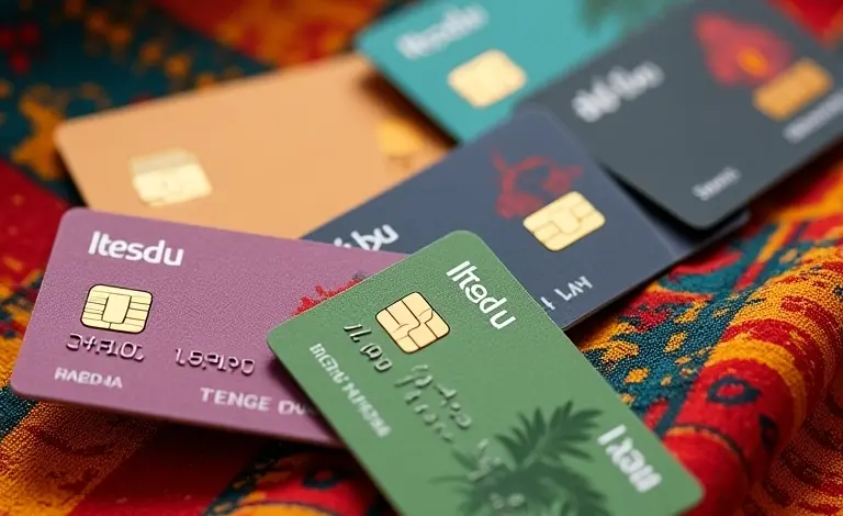 Variedade de cartões de crédito Itaú sobre tecido colorido.