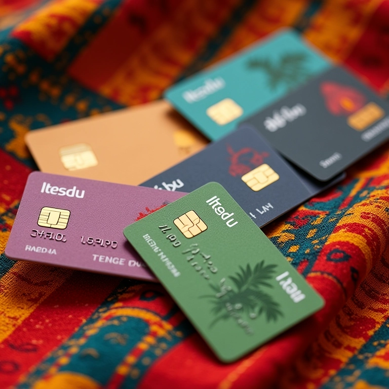 Como Fazer Um Cartão Itaú Variedade de cartões de crédito Itaú sobre tecido colorido.