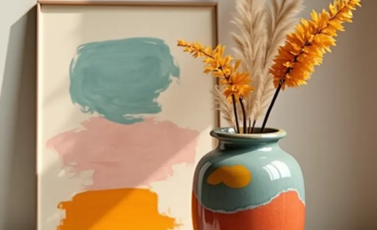 Vaso de cerâmica artesanal vibrante ao lado de uma pintura abstrata minimalista, ilustrando a diferença entre arte e artesanato.