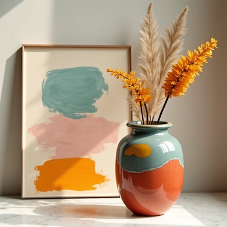 Qual A Diferença Entre Arte E Artesanato? Vaso de cerâmica artesanal vibrante ao lado de uma pintura abstrata minimalista, ilustrando a diferença entre arte e artesanato.