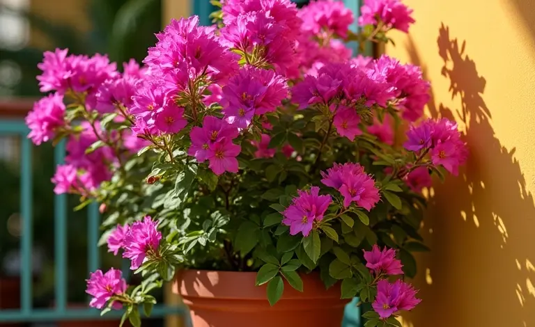 Vaso de primavera florido em varanda ensolarada com decoração vibrante.