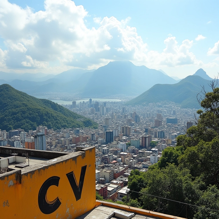 Vista do topo de favela no Rio com grafites 'CV', representando poder e território.