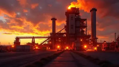 Vista panorâmica de uma moderna siderúrgica ao pôr do sol.