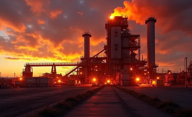 Vista panorâmica de uma moderna siderúrgica ao pôr do sol.