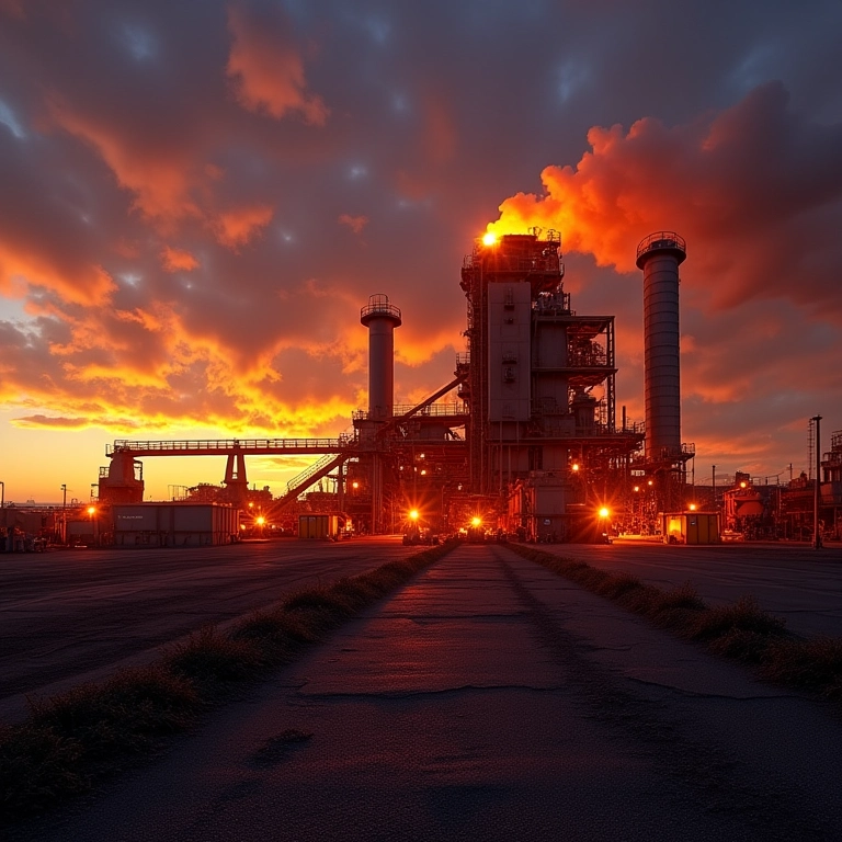 Qual A Diferença Entre Siderúrgica E Metalúrgica? Vista panorâmica de uma moderna siderúrgica ao pôr do sol.