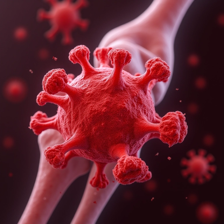 Visualização científica de células imunológicas atacando uma articulação na artrite.