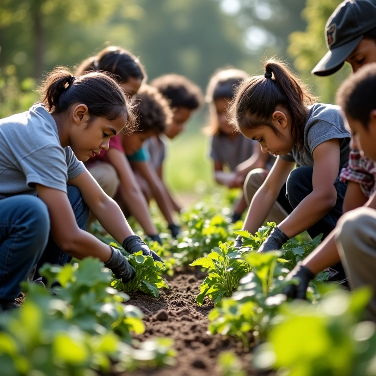 Voluntários trabalhando juntos em horta comunitária, representando o legado social.