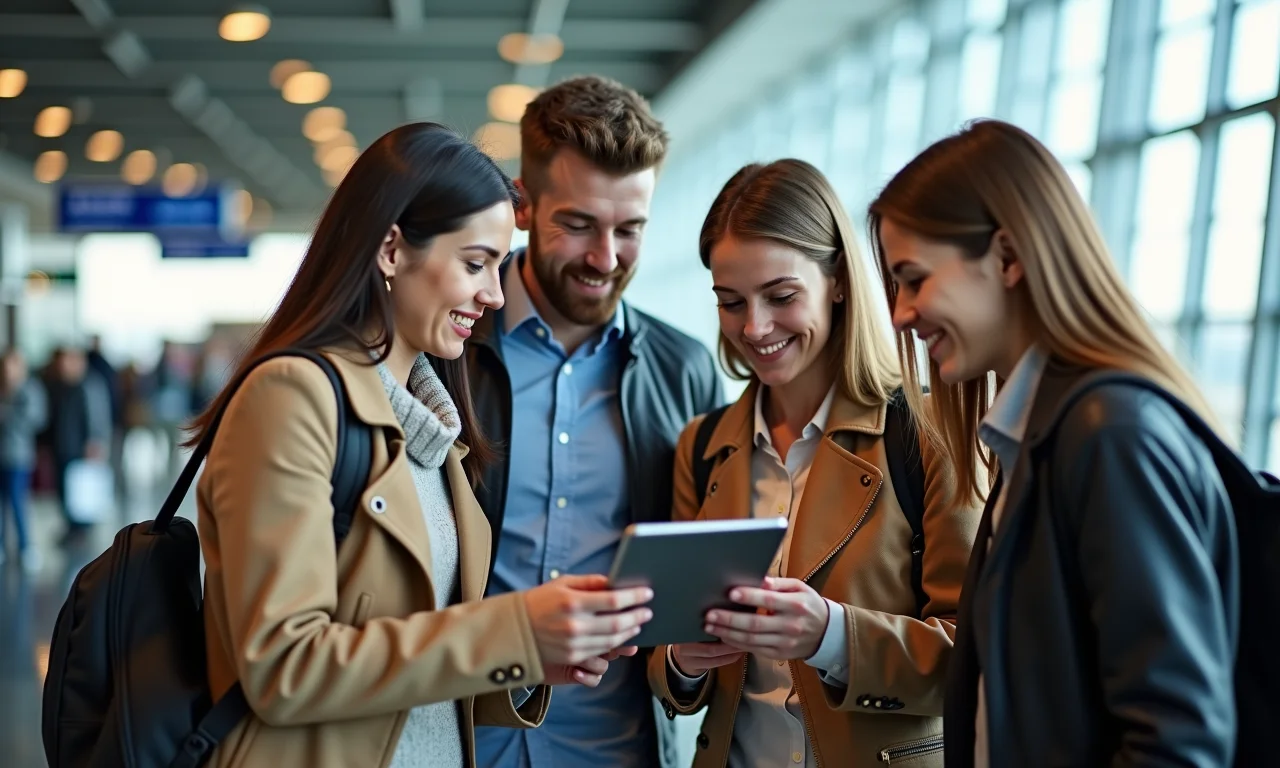 Adultos consultando aplicativo de viagem em tablet no aeroporto.