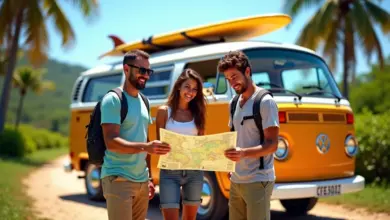 Adultos planejando viagem de carro em família no Brasil com mapa e kombi.