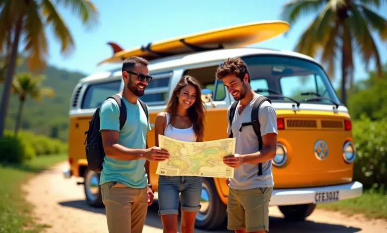Adultos planejando viagem de carro em família no Brasil com mapa e kombi.