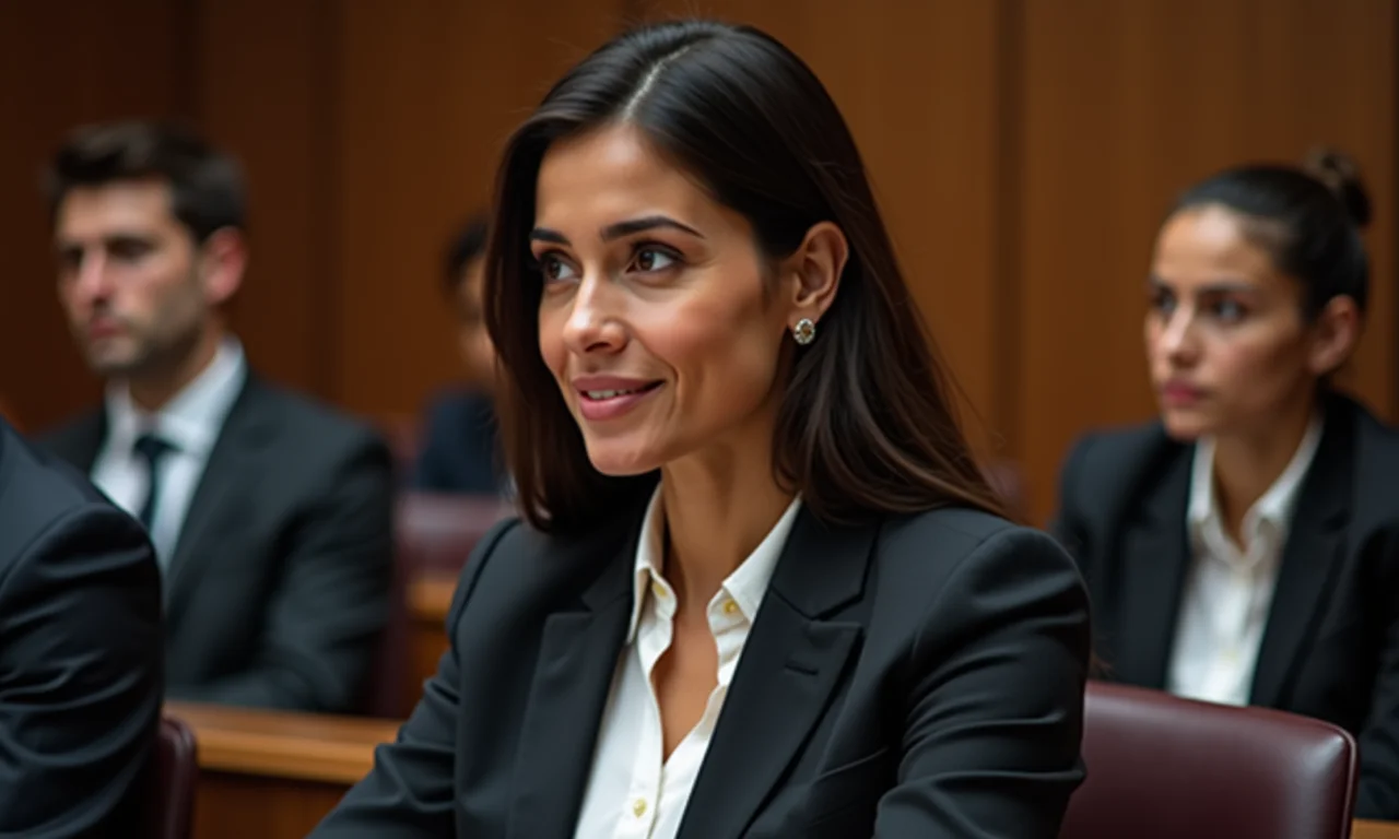 Advogada brasileira calma e confiante se dirigindo a um painel.