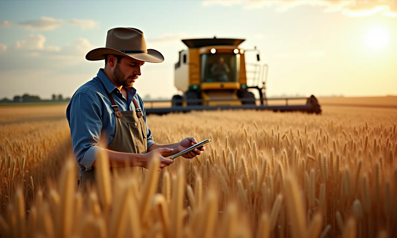 Agricultor inspecionando plantação de trigo.