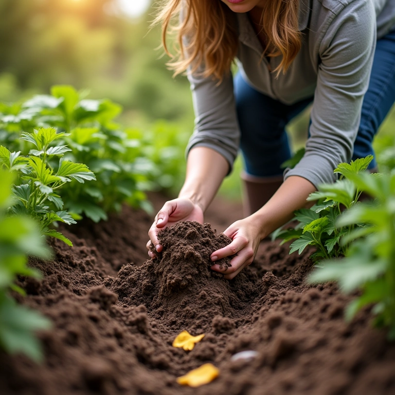 Agricultora preparando o solo para plantar batatas.