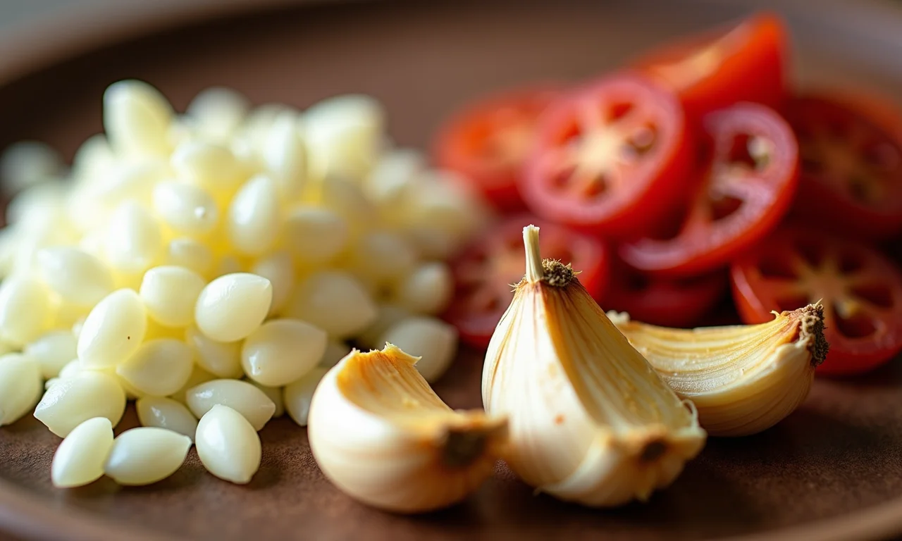 Alho cru e assado para patê de tomate seco.