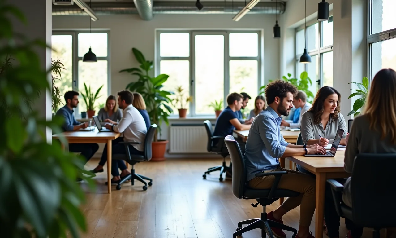 Ambiente de trabalho diverso com colegas em diferentes interações.