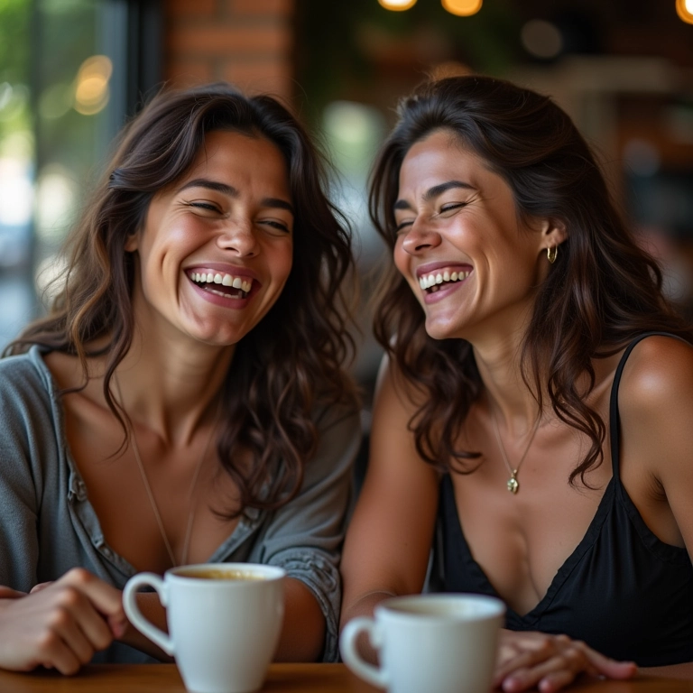 Amigos rindo juntos em café brasileiro, representando relacionamentos.