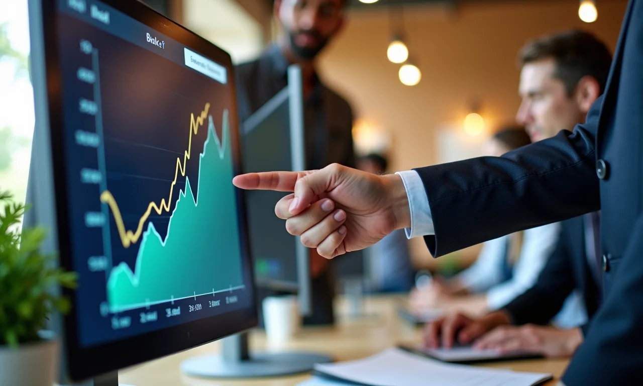 Aperto de mãos sobre gráfico de crescimento de ROI em computador.