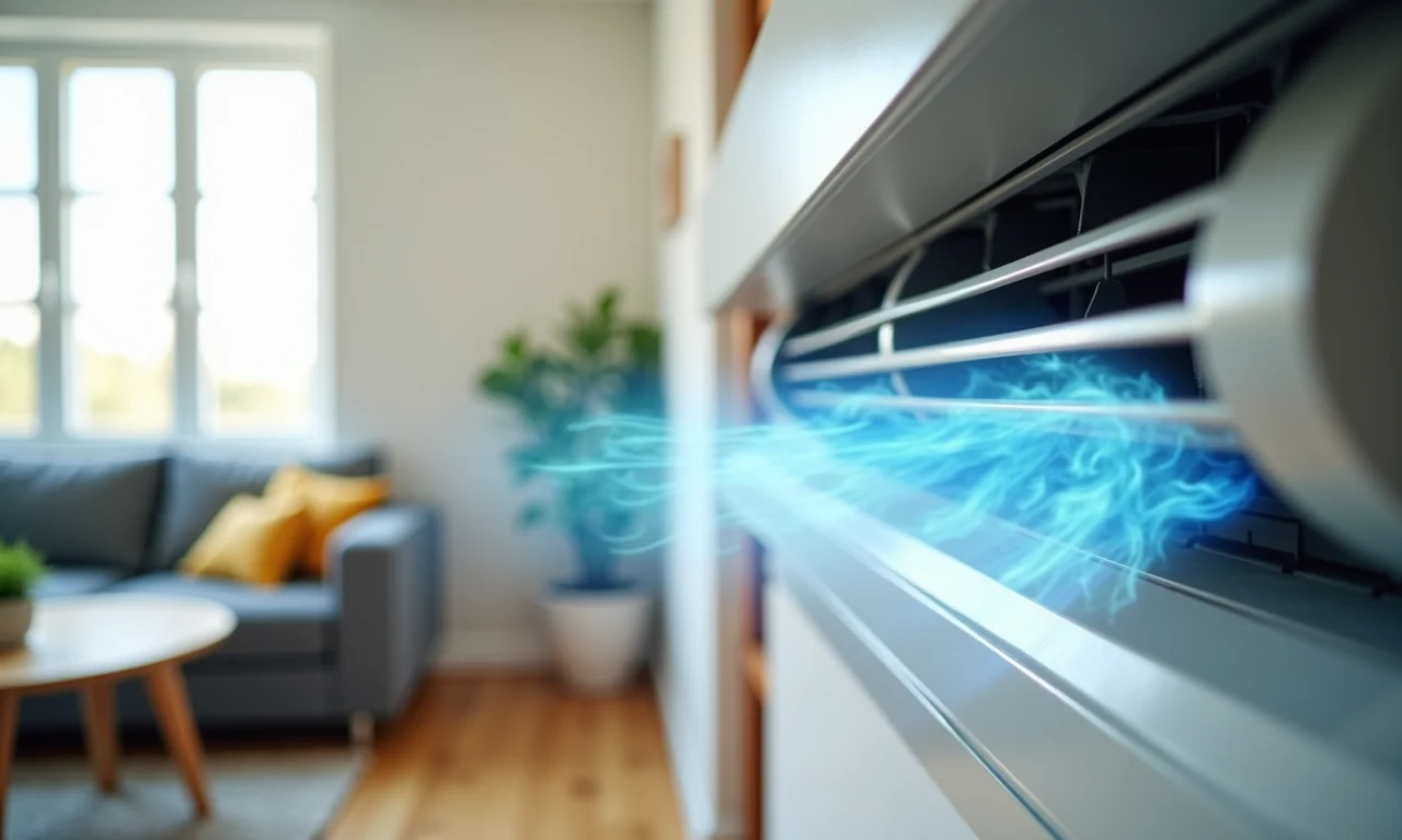 Ar condicionado soprando ar frio em sala de estar moderna, representando refrigeração.