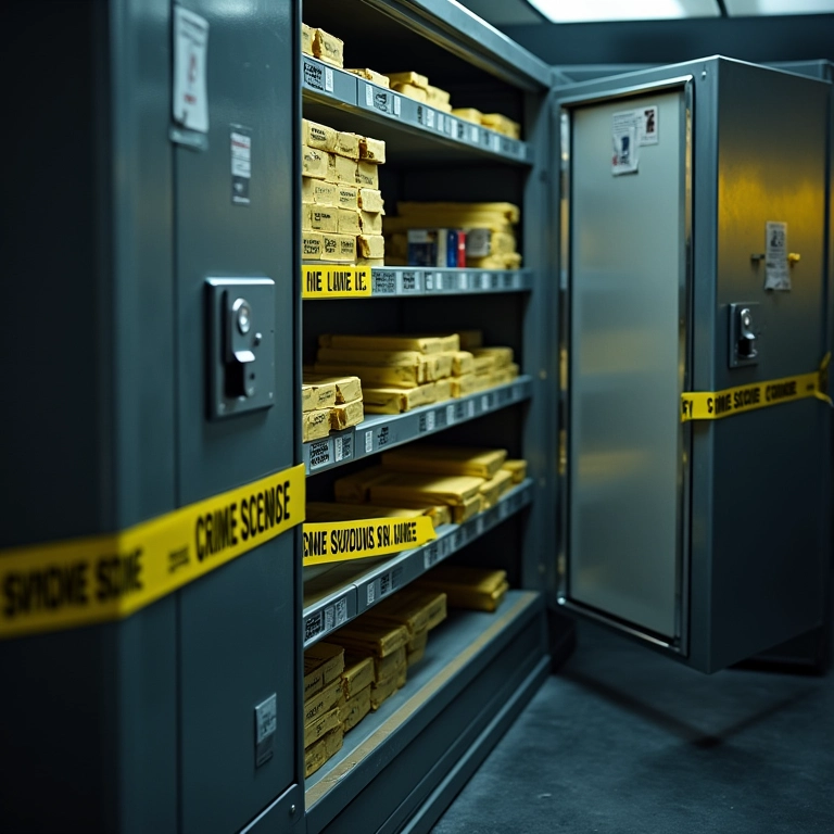 Armário de evidências com itens etiquetados e lacrados.
