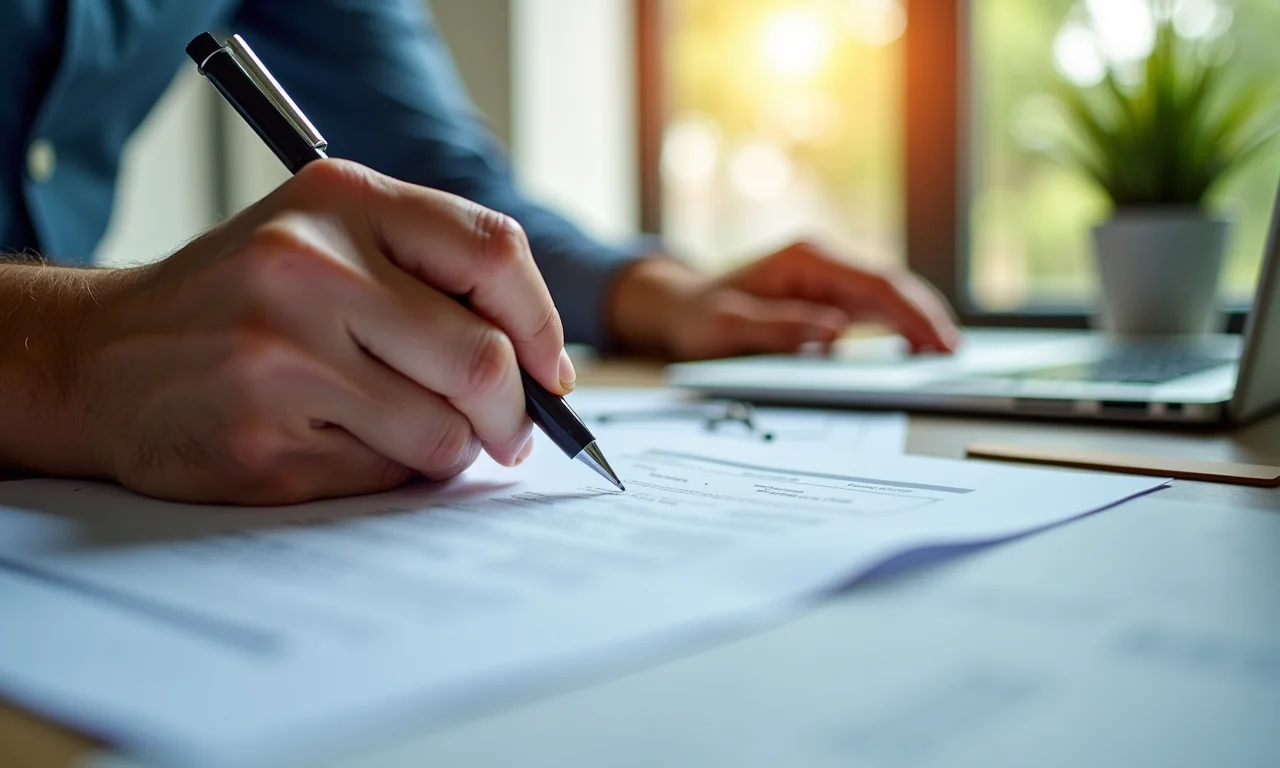 Arquiteta preenche RRT em escritório moderno com design brasileiro.