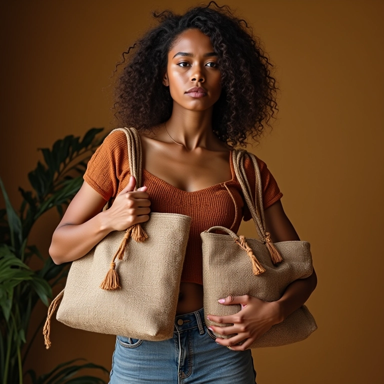 Artesã sorridente apresenta variedade de saquinhos de juta feitos à mão.